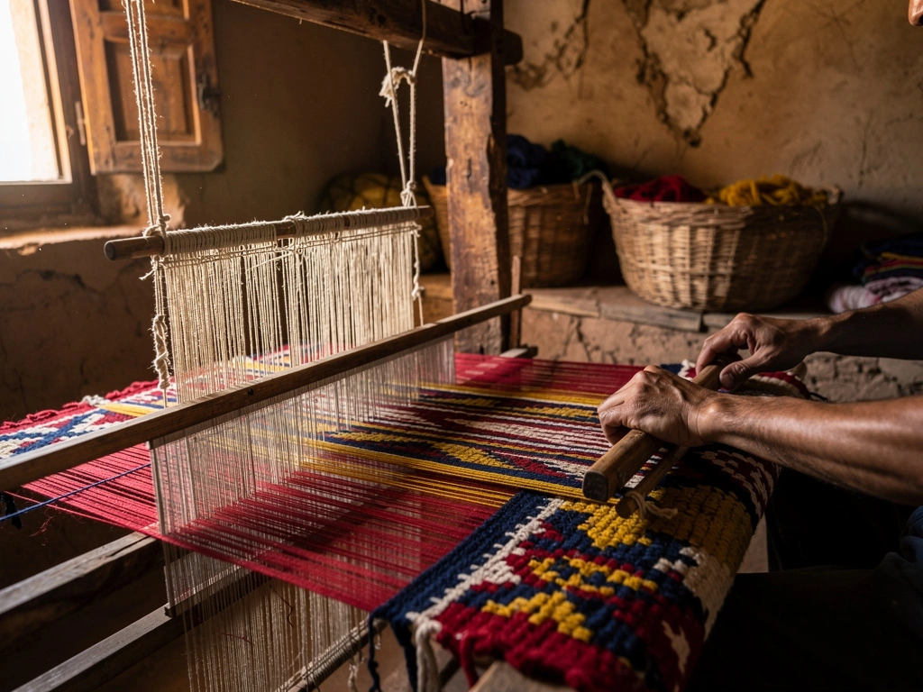 Métier à tisser berbère traditionnel avec fils de laine colorés, mains d'artisan travaillant motifs, atelier Atlas