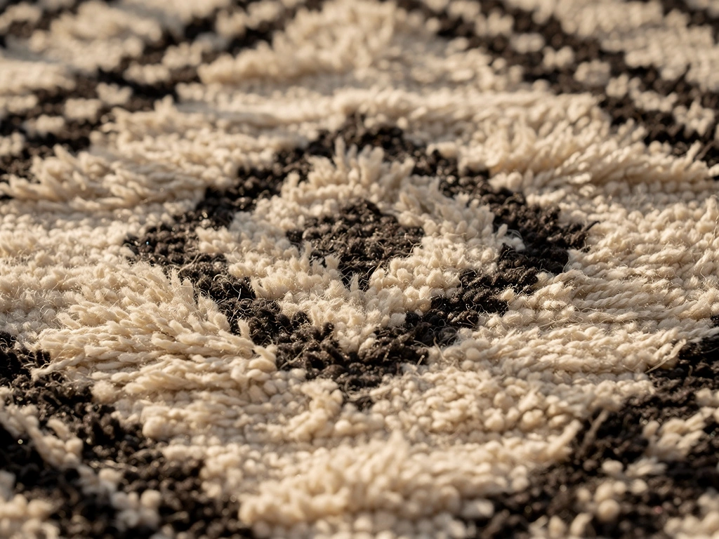 Détail motifs géométriques tapis Beni Ouarain, laine naturelle noir et blanc, design berbère minimaliste