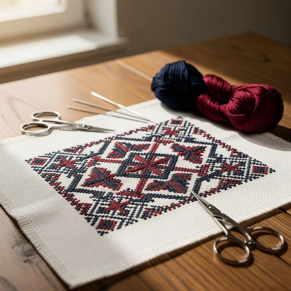 Tissu blanc brodé au point de croix avec motifs géométriques bleu marine et rouge grenat, fil de soie