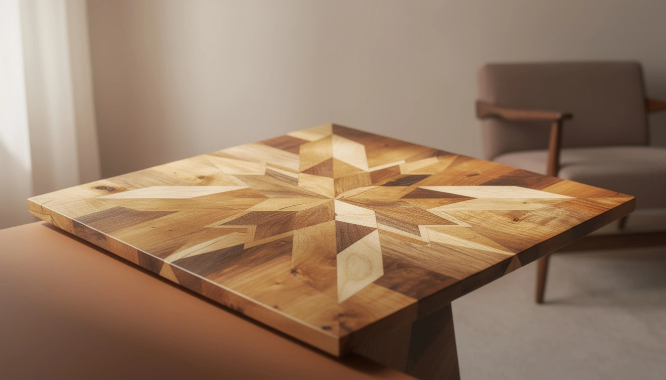 Détail de marqueterie marocaine en bois aux motifs géométriques