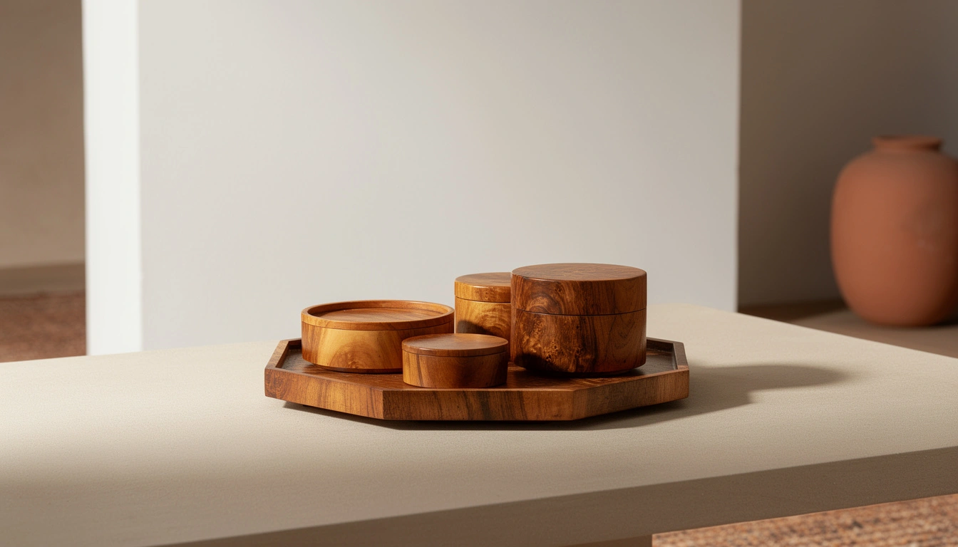 Boîtes et plateau artisanaux en bois de thuya dans une mise en scène sobre