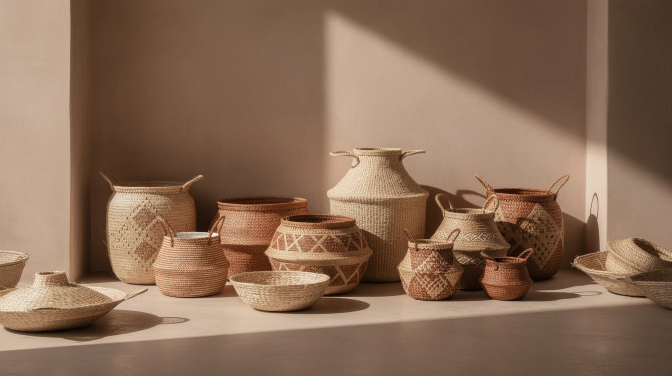 Collection de paniers en raphia et feuille de palmier