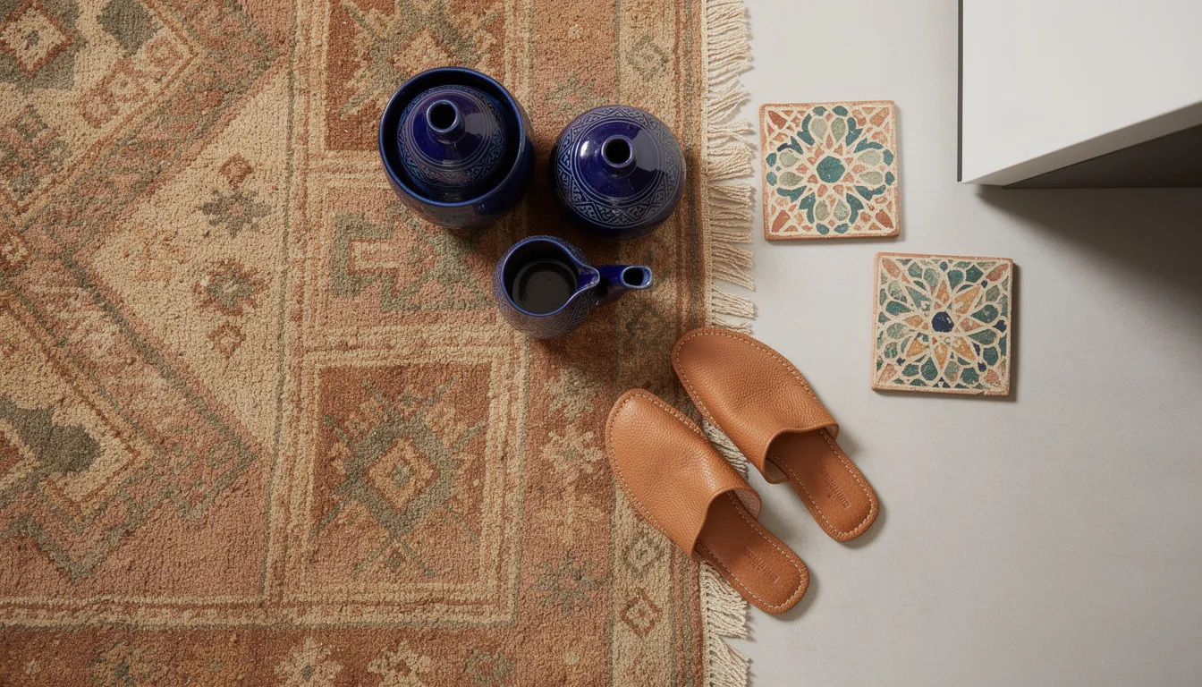 Sélection d'artisanat marocain authentique : tapis berbère, poterie de Fès et maroquinerie traditionnelle