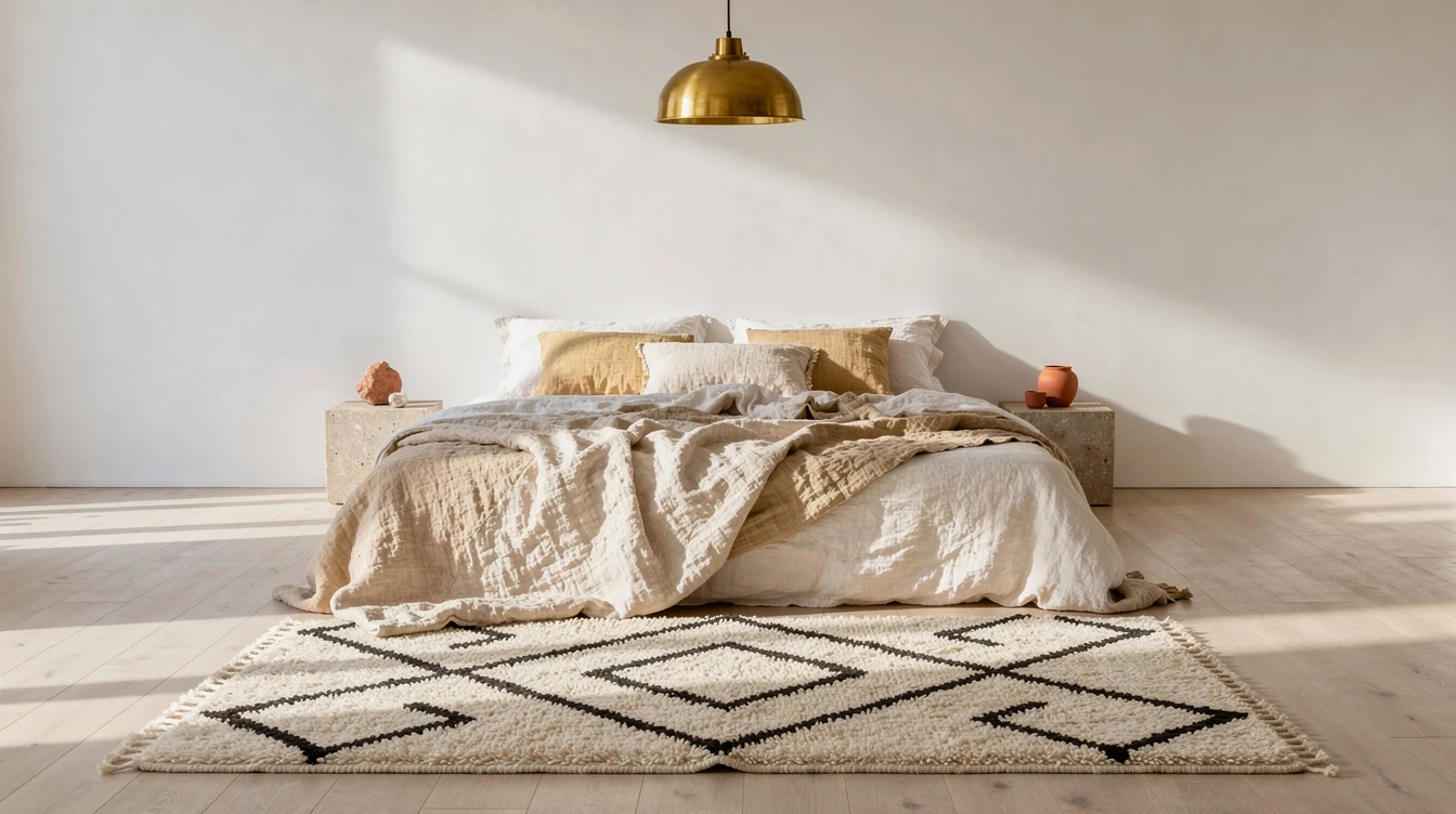 Chambre marocaine moderne épurée avec tapis Beni Ouarain et suspension laiton