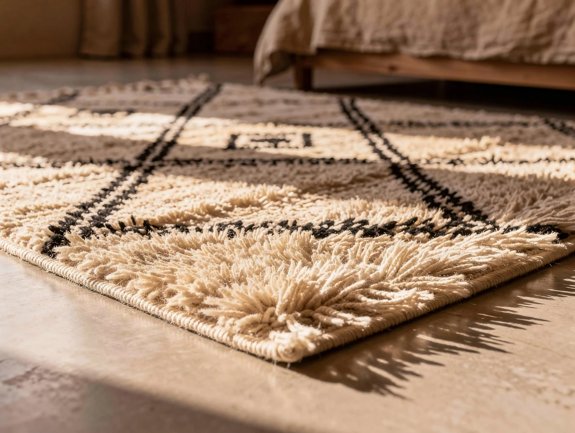 Détail tapis berbère Beni Ouarain motifs géométriques noirs