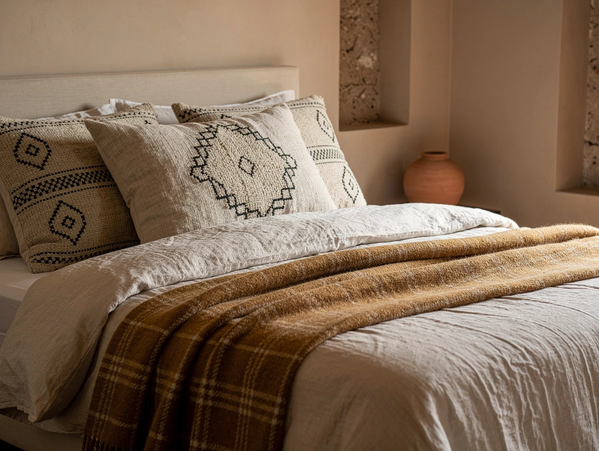 Composition de textiles naturels berbères lin beige et laine camel