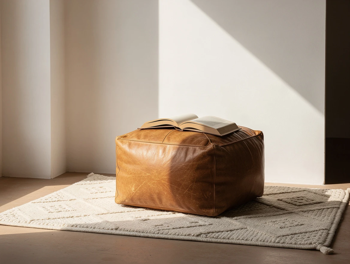Coin lecture minimaliste avec pouf marocain en cuir naturel camel patiné