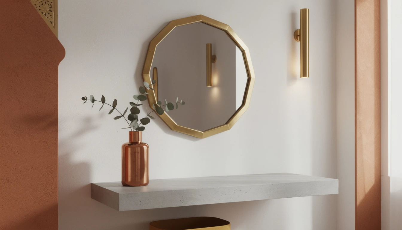 Miroir laiton épuré mur blanc décoration minimaliste luxe
