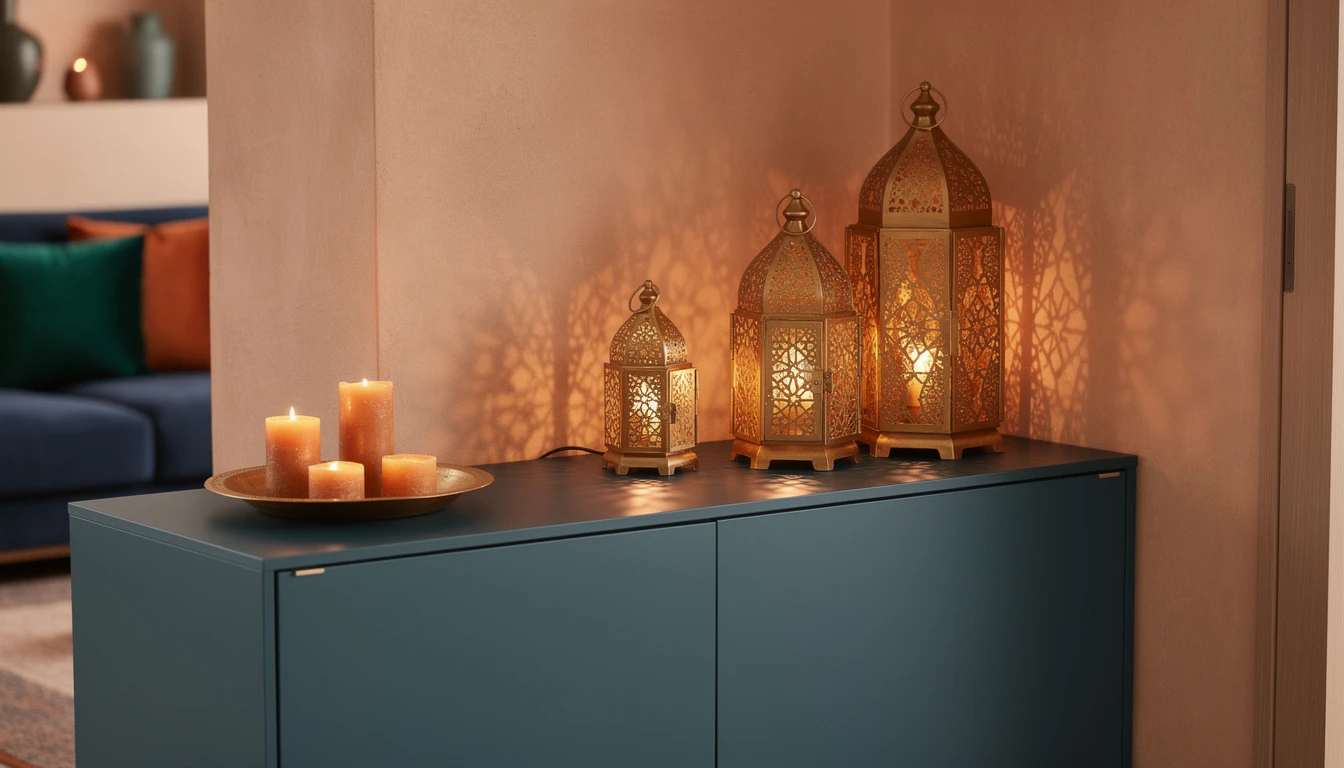 Lanternes laiton ambiance orientale moderne avec jeux d'ombres géométriques