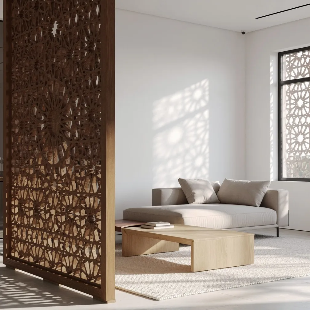 Moucharabieh utilisé comme séparateur de pièce dans un salon moderne au style scandinave-marocain