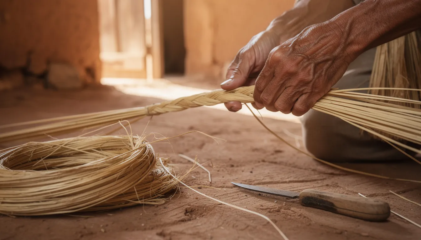 Artisan tressant fibres d'alfa dans un atelier traditionnel d'Oujda