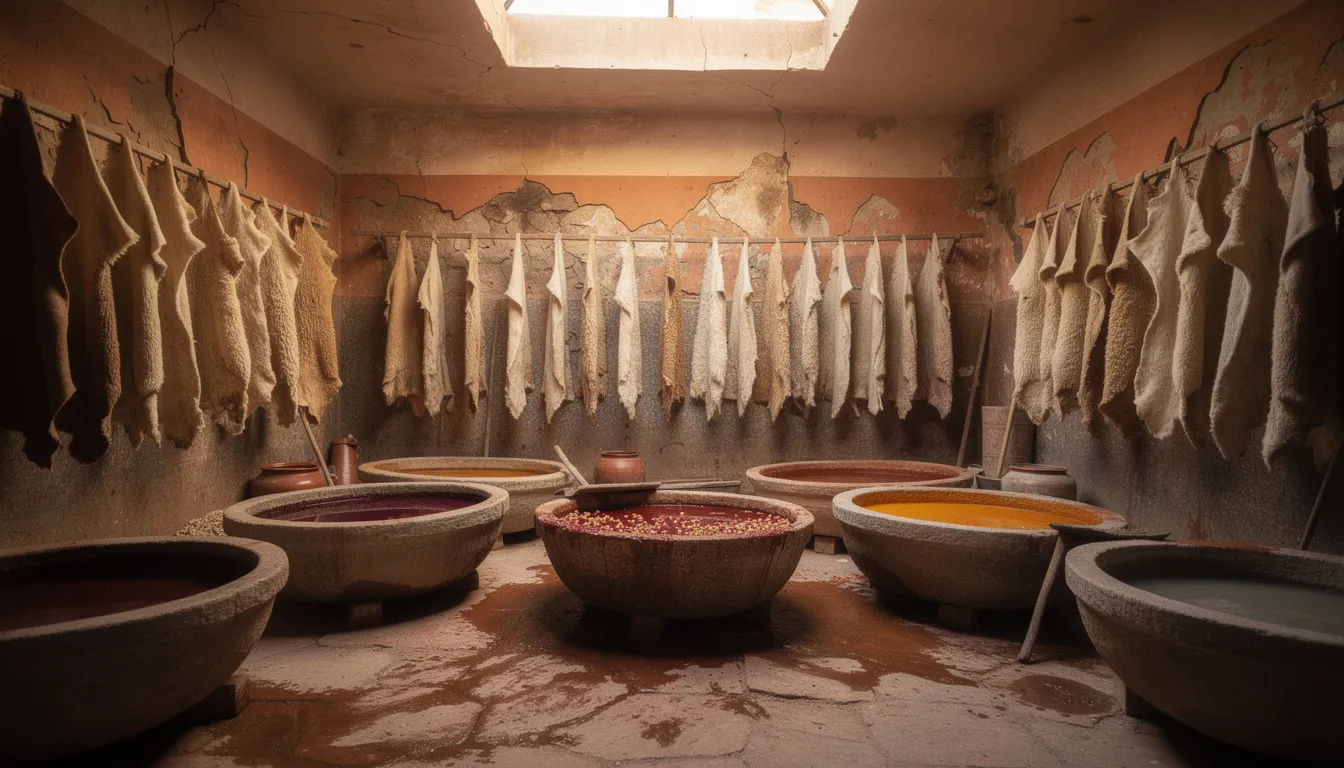 Intérieur d'atelier de tanneur à Oujda, peaux suspendues, bassins de teintures végétales naturelles