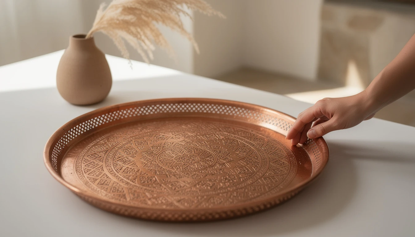 Plateau cuivre martelé détail avec motifs géométriques arabesques