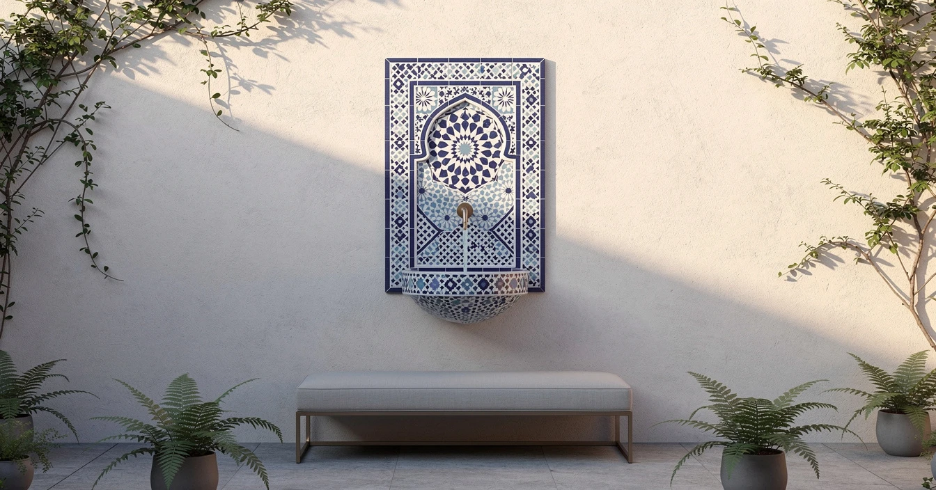 Fontaine murale marocaine en zellige bleu et blanc dans un patio urbain compact