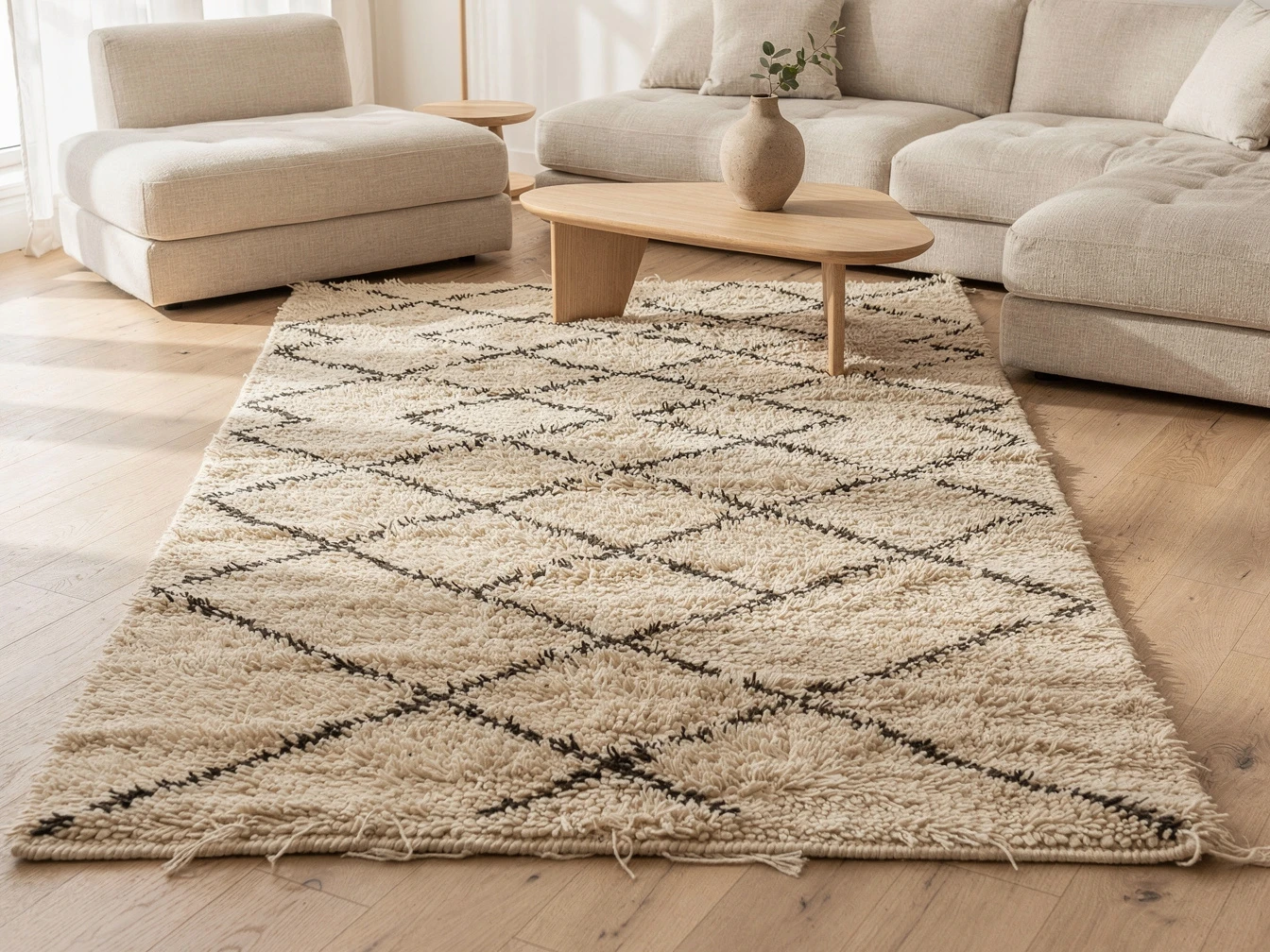 Tapis Beni Ouarain en laine écrue à losanges noirs dans un salon contemporain sobre et lumineux