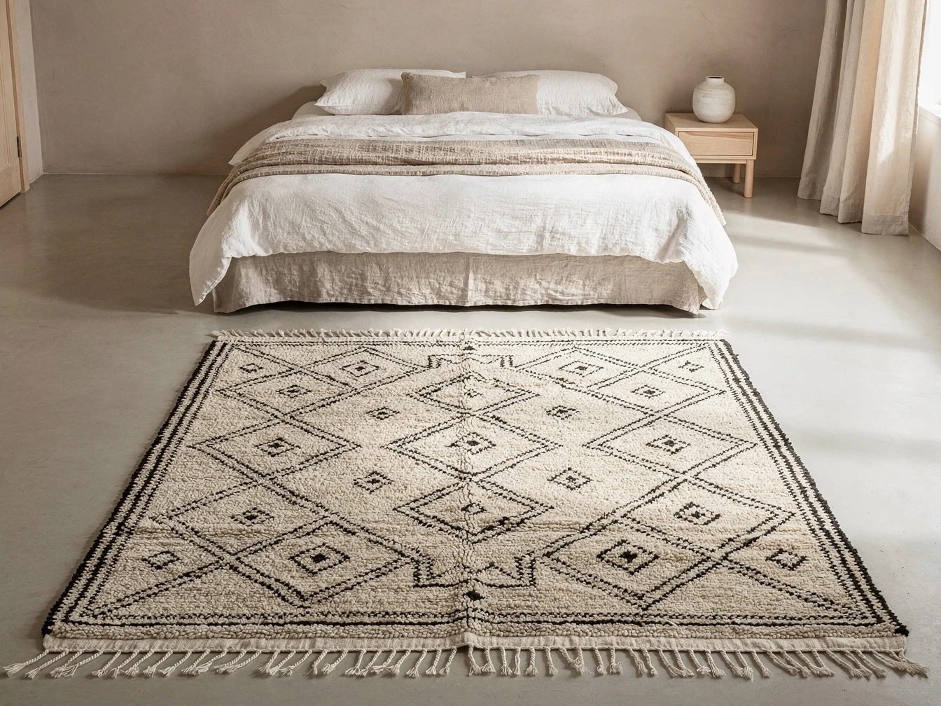 Tapis Beni Ouarain dans une chambre moderne aux tons naturels et au décor épuré