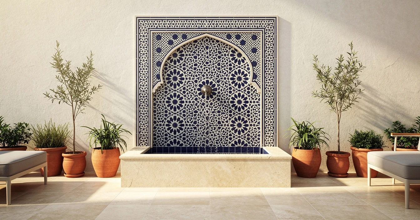 Fontaine marocaine en zellige bleu et blanc dans un patio contemporain raffiné