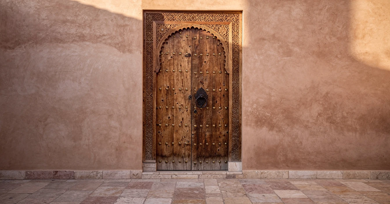 Porte marocaine sculptée en cèdre dans une cour de riad au décor architectural sobre