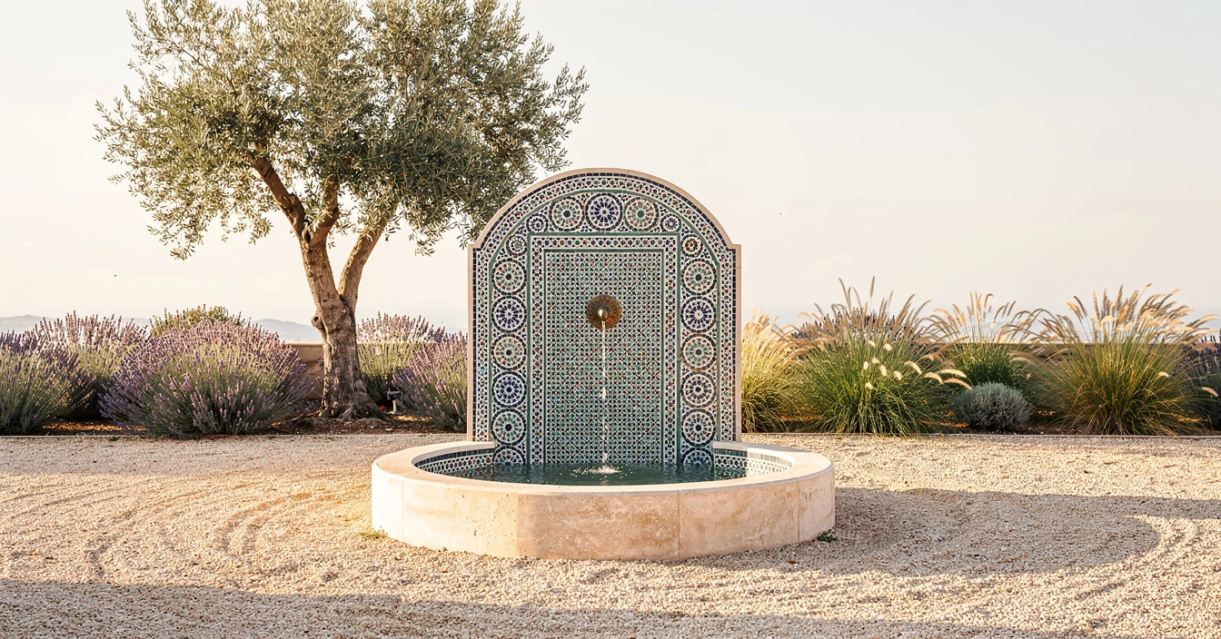 Fontaine centrale marocaine en zellige dans un jardin méditerranéen avec végétation naturelle
