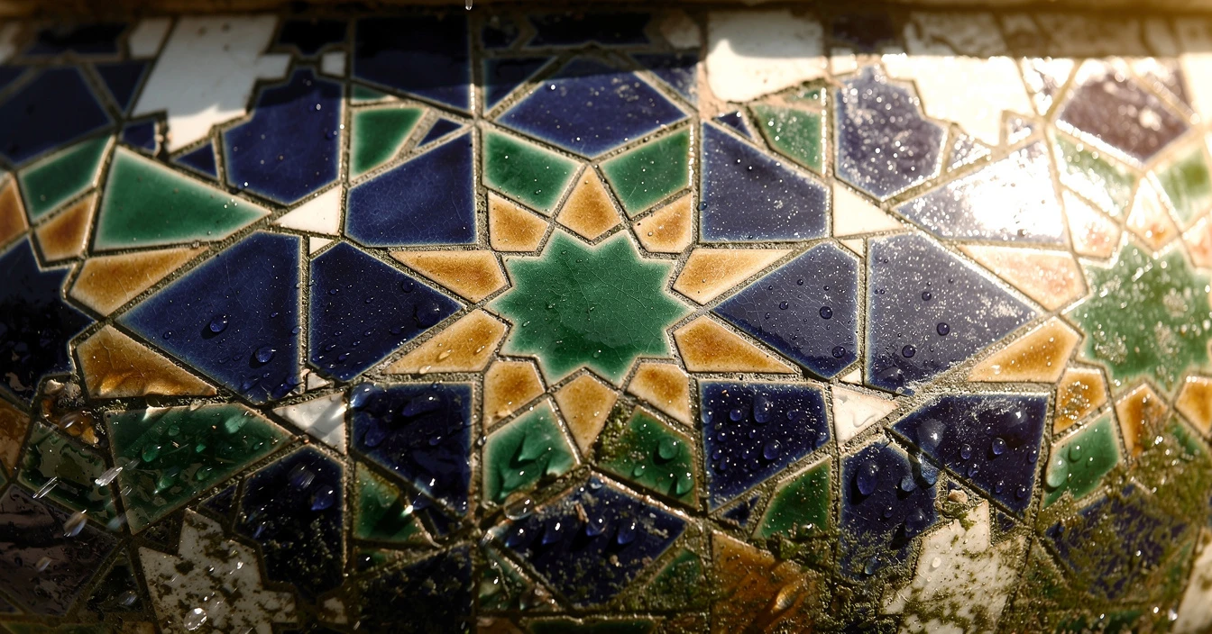 Détail des carreaux de zellige artisanal d'une fontaine marocaine traditionnelle