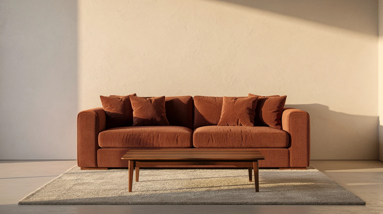 Sedari marocain moderne en velours côtelé terracotta dans un salon contemporain lumineux