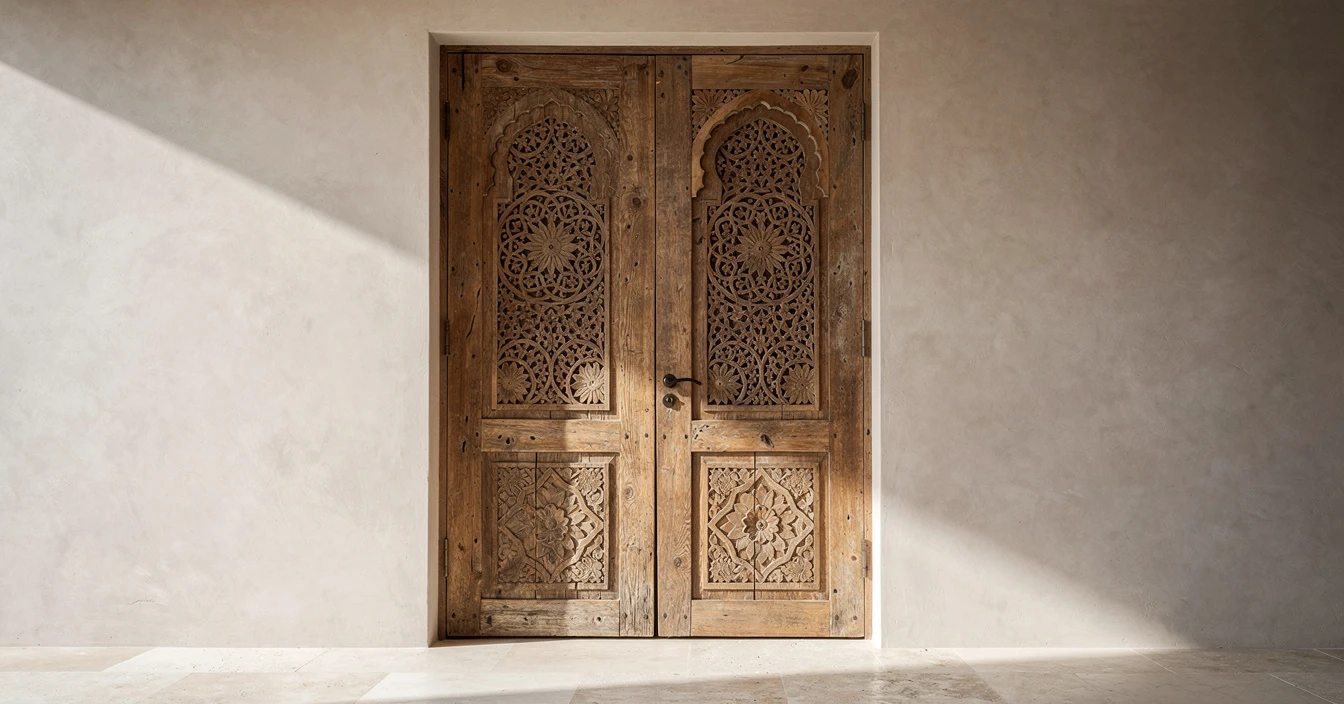 Paire de portes marocaines sculptées réemployées en façades de placard dans un intérieur épuré