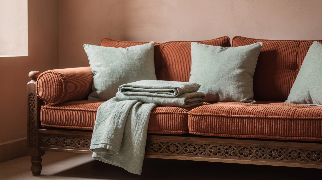 Détail des matières d’un sedari marocain moderne avec velours terracotta, lin sauge et finitions sobres