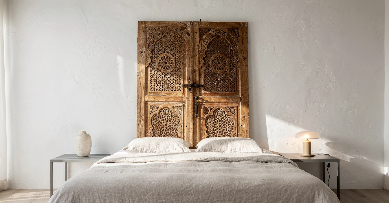 Ancienne porte marocaine sculptée réemployée en tête de lit dans une chambre contemporaine
