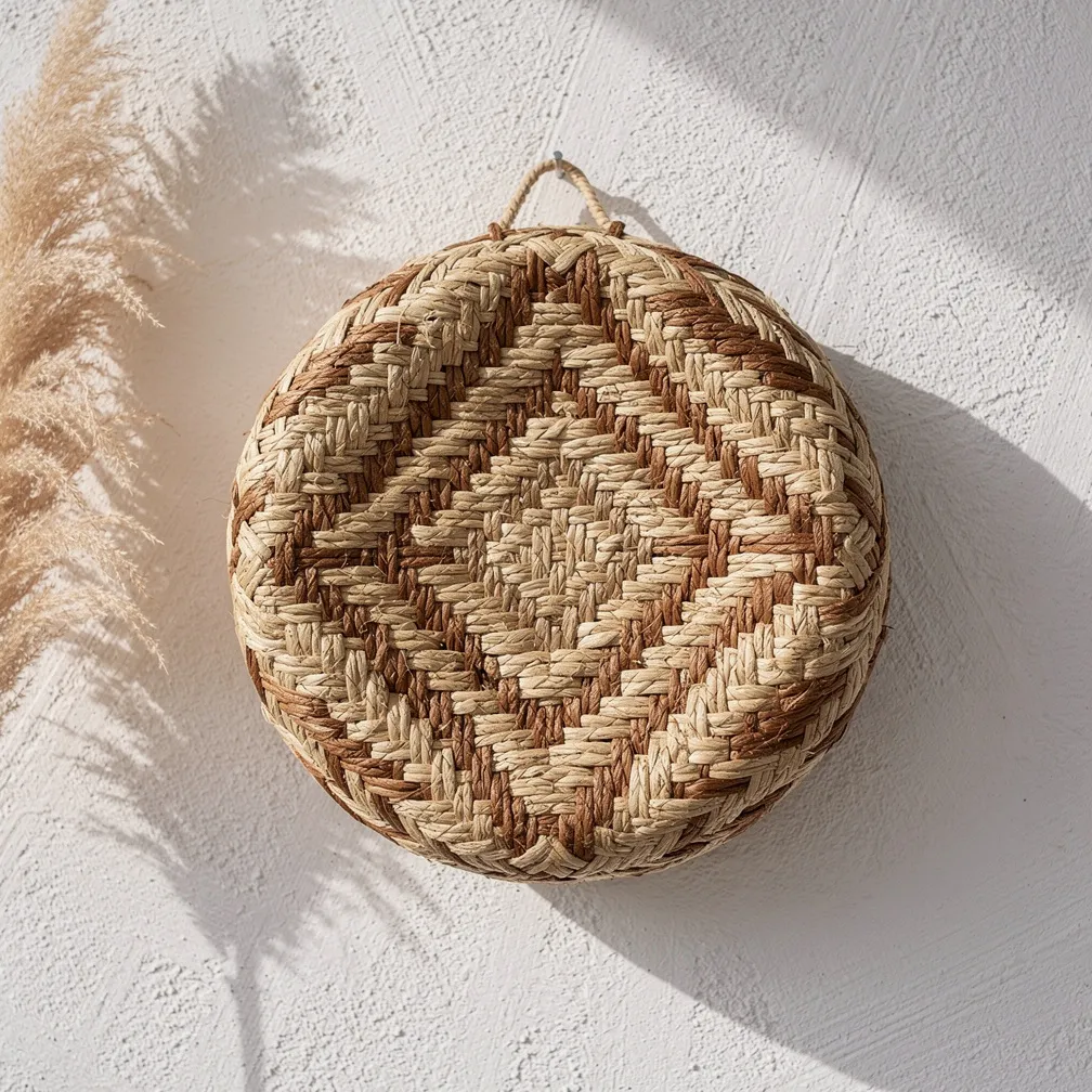 Panier mural berbère en fibres naturelles tressées pour décoration bohème