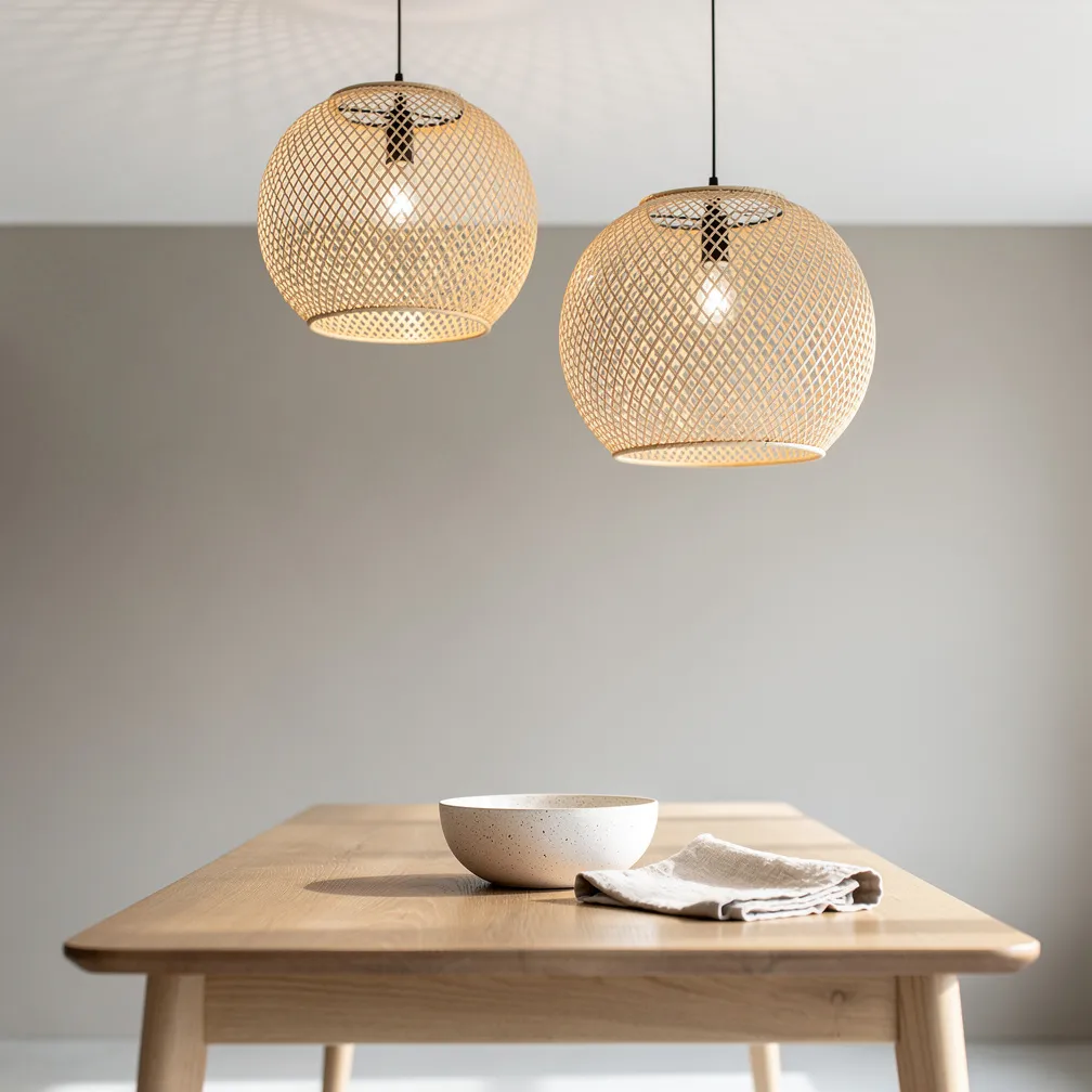 Suspensions lumineuses en rotin tressé au-dessus d'une table, style minimaliste moderne