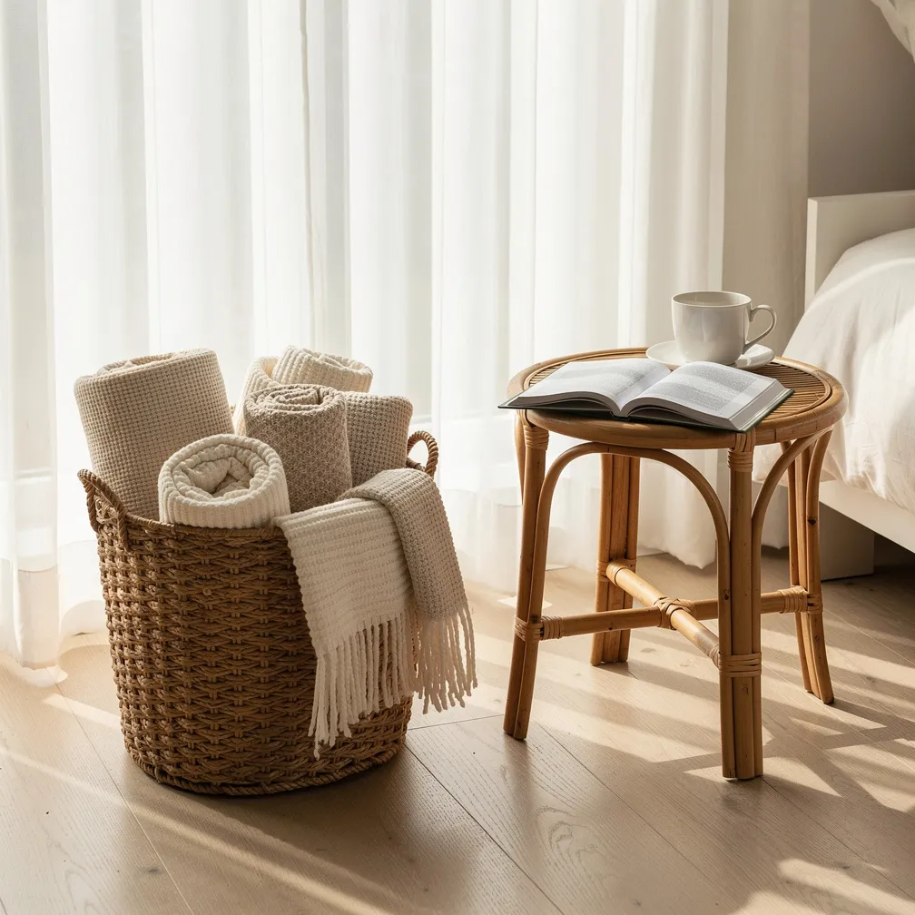 Panier artisanal en osier pour rangement décoratif dans une chambre moderne