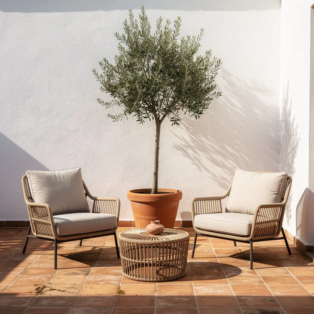 Mobilier de terrasse en rotin tressé, ambiance méditerranéenne et déco extérieure