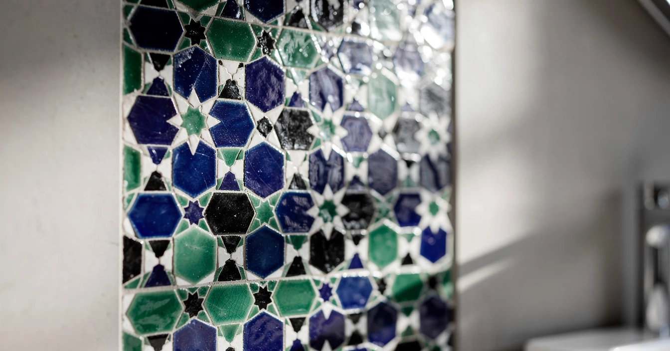 Détail zellige marocain artisanal, taille manuelle et émail coloré avec irrégularités naturelles
