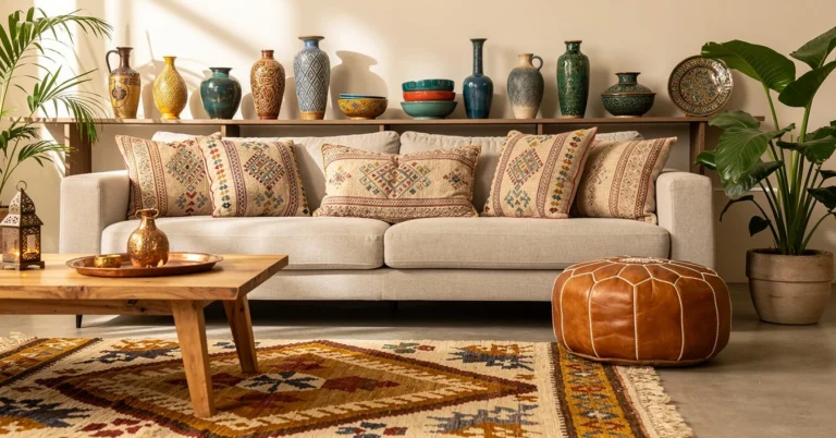 Collection artisanat marocain authentique dans salon contemporain éclectique, inspiration achat déco réussie