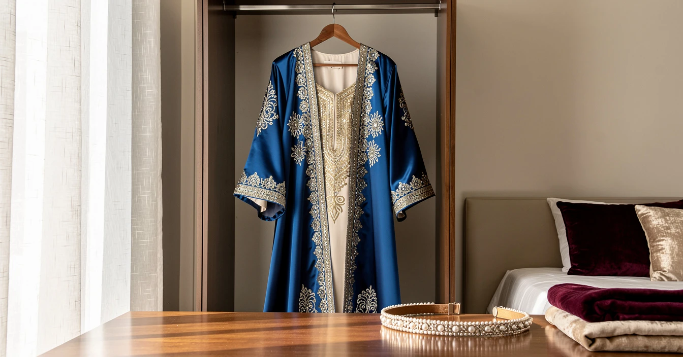 Caftan marocain takchita traditionnel broderies sfifa dorées argentées soie satin bleu royal suspendu cintre bois vintage chambre contemporaine ceinture mdamma lumière naturelle
