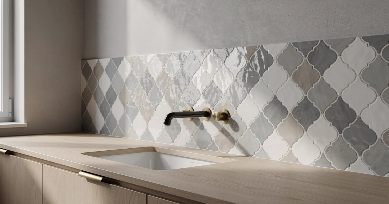 Crédence zellige marocain gris ou blanc dans cuisine moderne minimaliste, inspiration projet rénovation design
