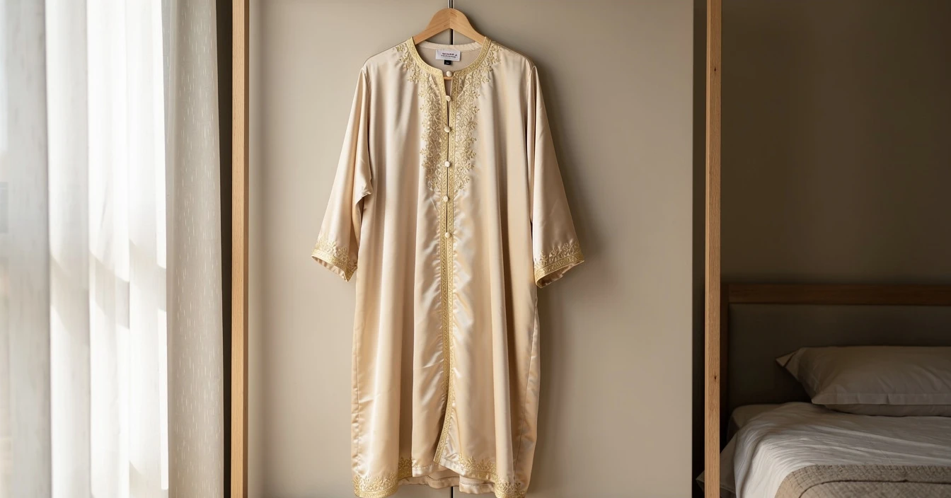 Caftan marocain simple élégant ivoire champagne soie satin broderies discrètes dorées col poignets ourlet style contemporain sobre sophistiqué cintre chambre lumière naturelle