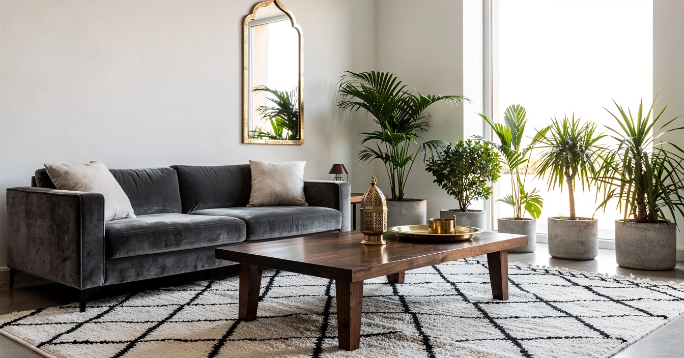 Salon marocain moderne contemporain sophistiqué gris anthracite noir cuivre élégant inspiration design chic