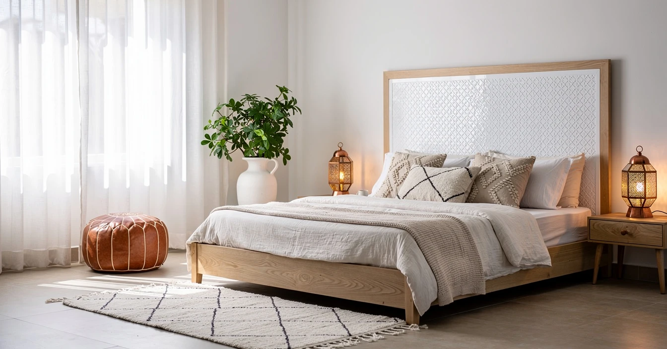 Chambre zen décoration marocaine moderne tête lit zellige blanc géométrique linge lit lin beige tapis berbère Beni Ouarain pouf cuir lanternes cuivre plante lumière naturelle tons neutres