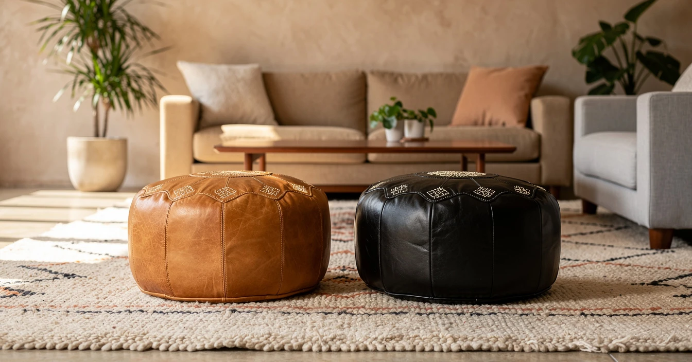 Duo de poufs marocains cuir artisanal dans intérieur bohème contemporain, inspiration styling déco ethnique chic