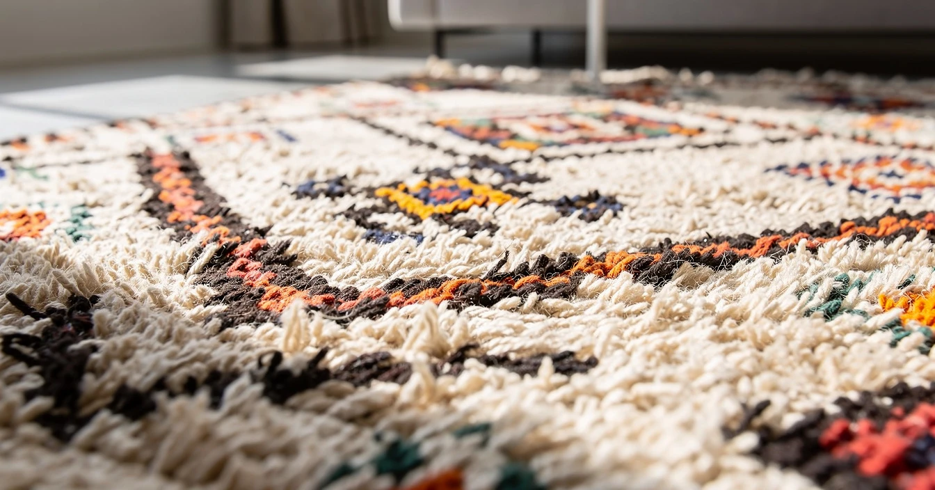 Détail tissage artisanal tapis berbère marocain, laine épaisse nouée main et motifs géométriques