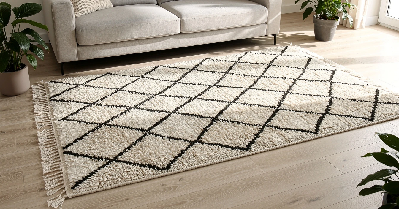 Tapis berbère Beni Ouarain blanc et noir dans salon contemporain minimaliste scandinave