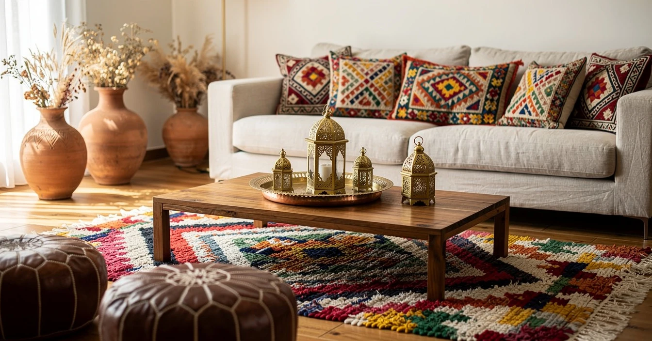 Salon marocain moderne bohème chic tapis Azilal coloré coussins brodés dinanderie cuivre inspiration éclectique