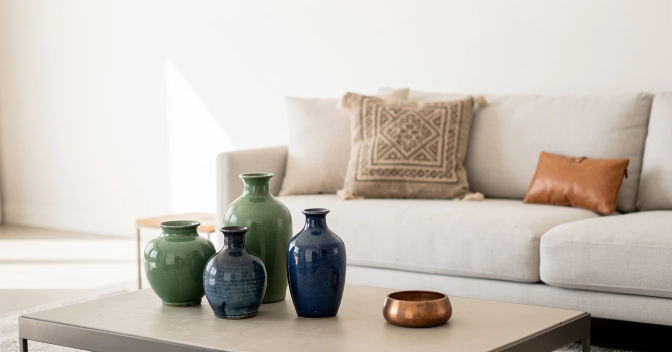 Objets artisanat marocain authentique dans intérieur contemporain minimaliste, inspiration achat déco qualité