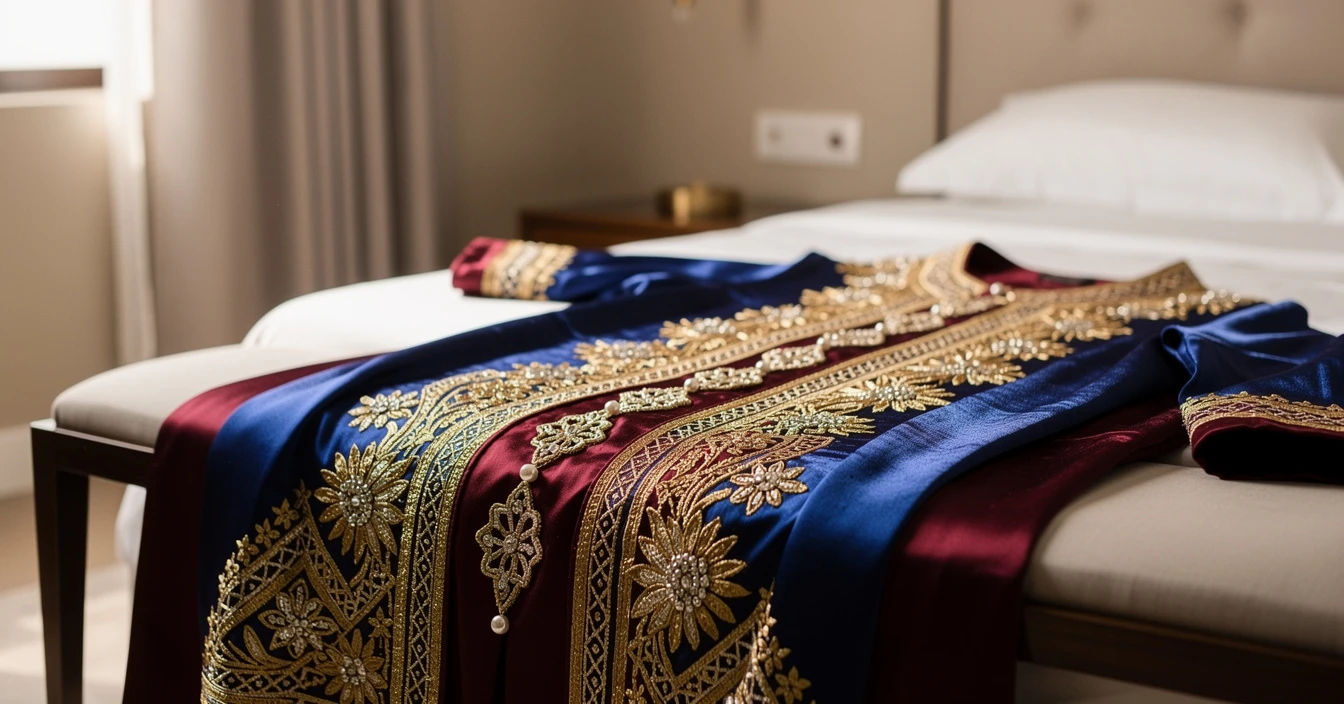 Détails caftan marocain broderies sfifa passementerie main fils dorés argentés motifs floraux géométriques arabesques soie satin perles cristaux artisanat textile qualité