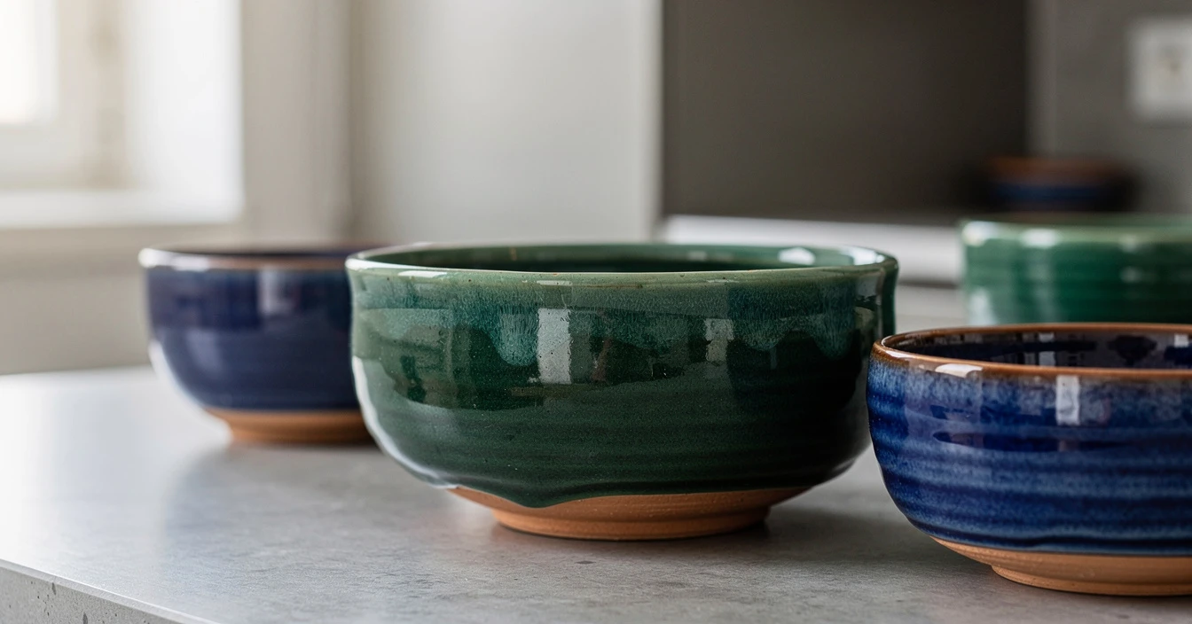Détail poterie marocaine artisanale, émail vert Tamegroute ou bleu Fès, irrégularités naturelles