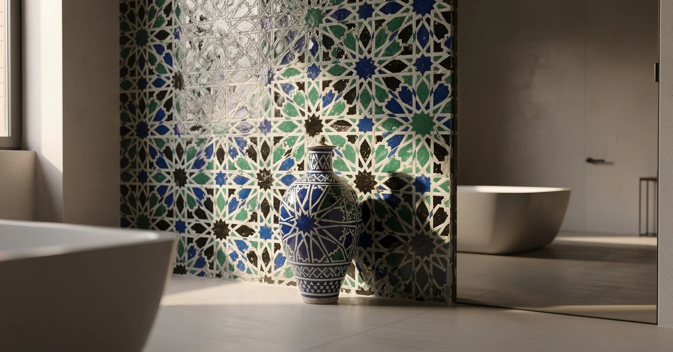 Mur zellige marocain traditionnel dans salle de bain contemporaine, motifs géométriques islamiques bleus et verts
