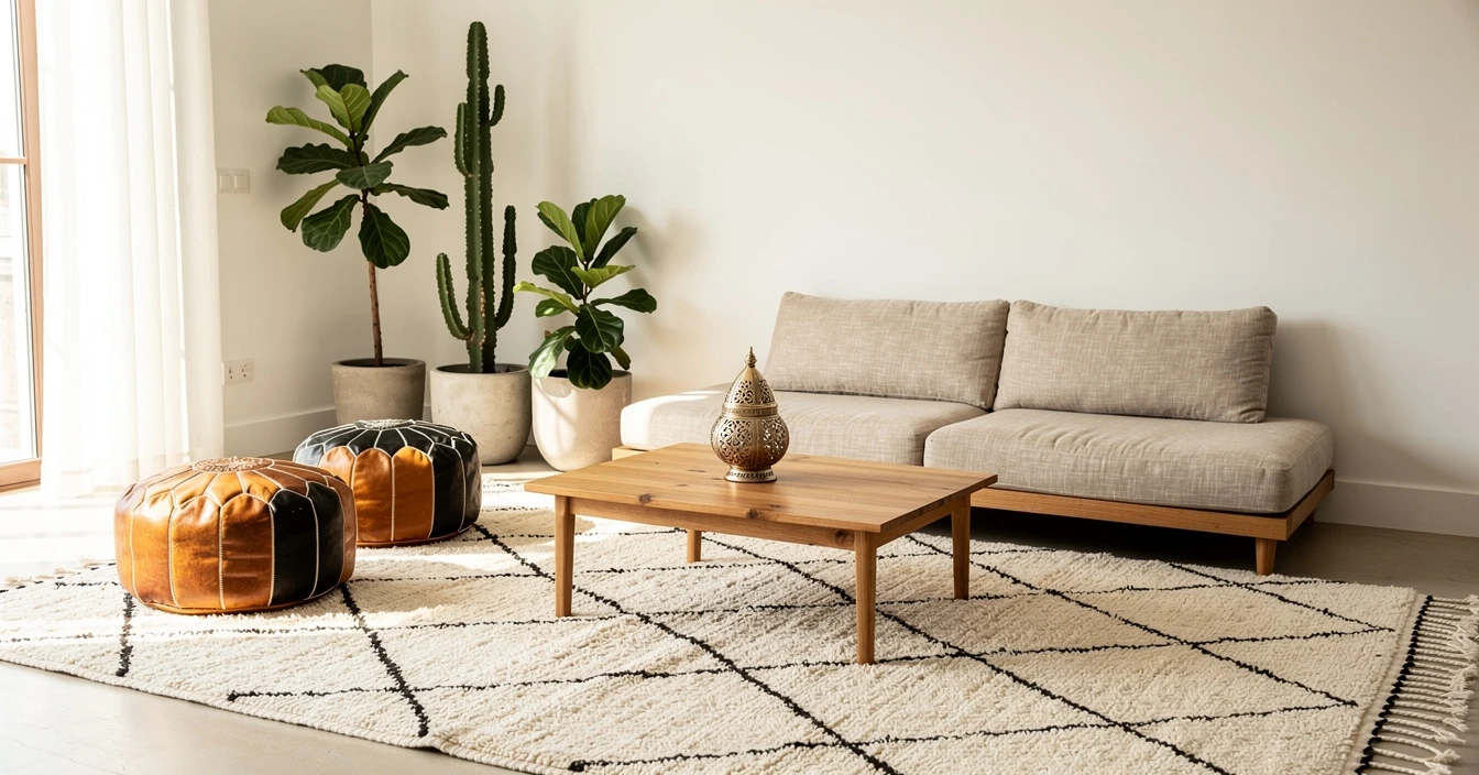 Salon marocain moderne minimaliste scandinave avec sedari lin beige tapis Beni Ouarain poufs cuir inspiration déco