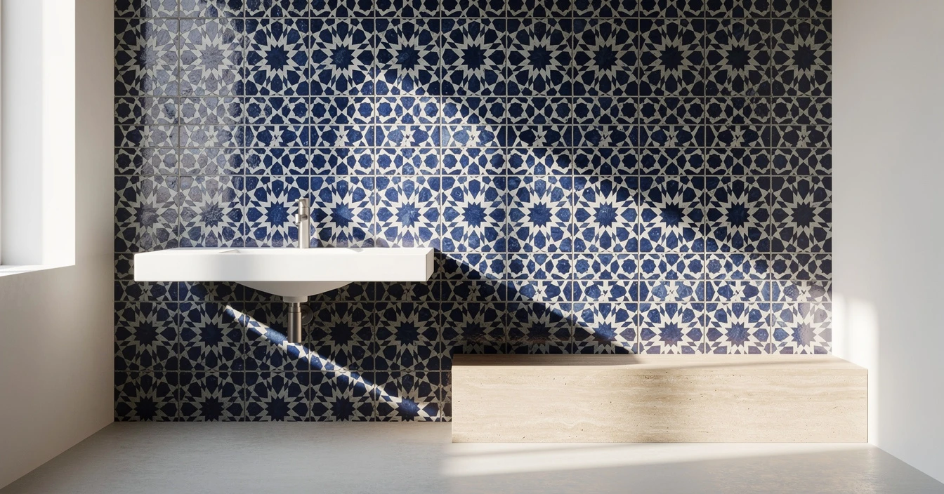 Mur zellige marocain artisanal bleu et blanc dans salle de bain contemporaine, inspiration projet rénovation réussie