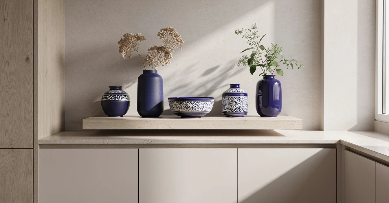 Vases et bols en poterie marocaine dans intérieur minimaliste contemporain, décoration ethnique chic